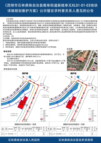 《昆明市石林彝族自治县鹿阜新城单元XL01-01-03地块详细规划维护方案》公示暨征求利害关系人意见的公告